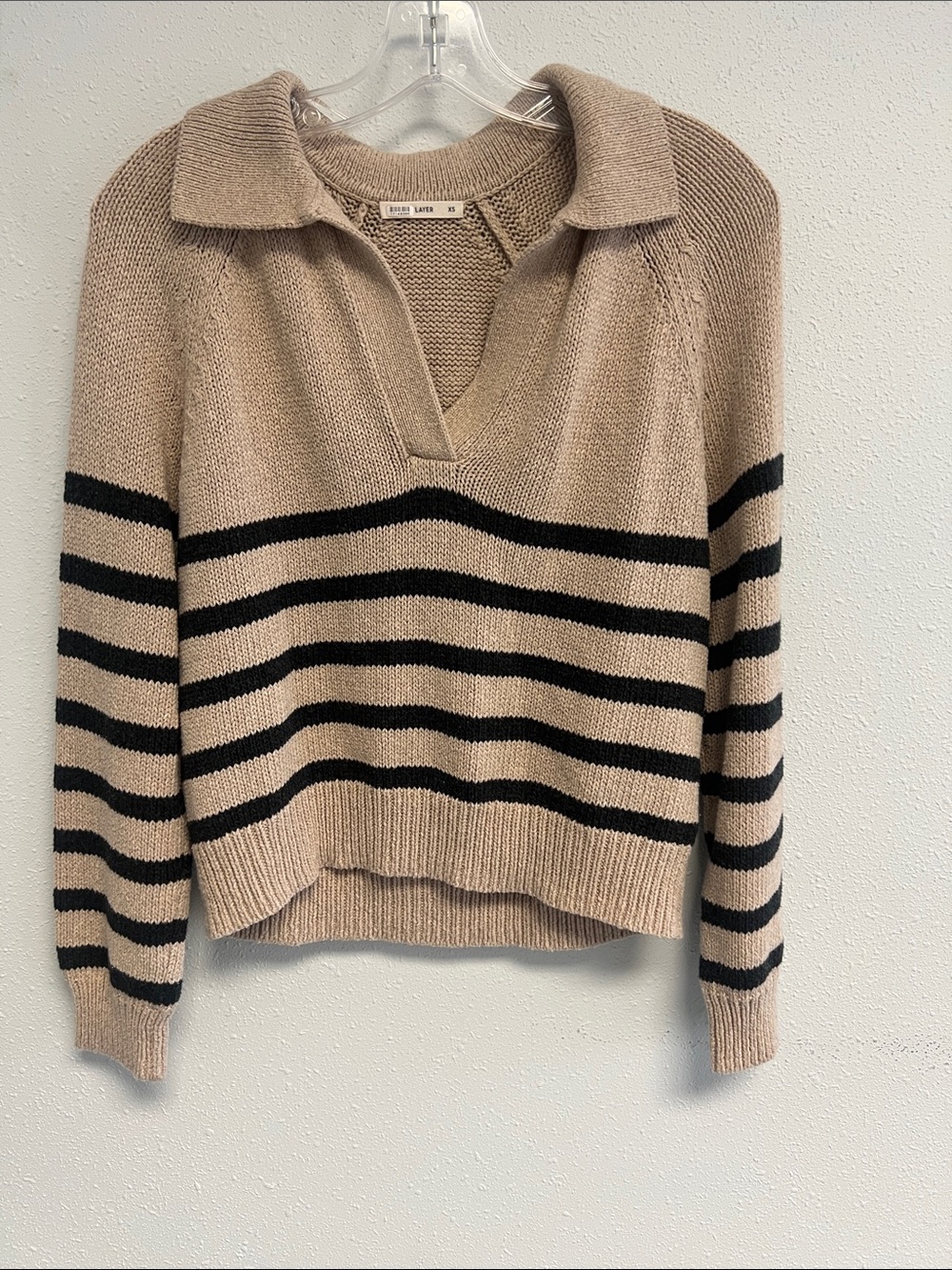 Marine Layer Beige V-Neck Collared Sweater with Black Stripes